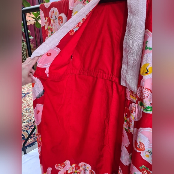 Vintage red japanese kimono, floral crane print, red pink green, handmade - Picture 5 of 14